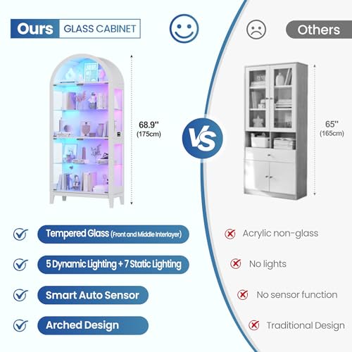 Arched 5-Tier Display Cabinet with RGB Lighting & Motion Sensor, 175 cm Tall Glass DIsplay Case with Doors for Living Room, Bedroom, Home Office, Displaying Books and Decor, White