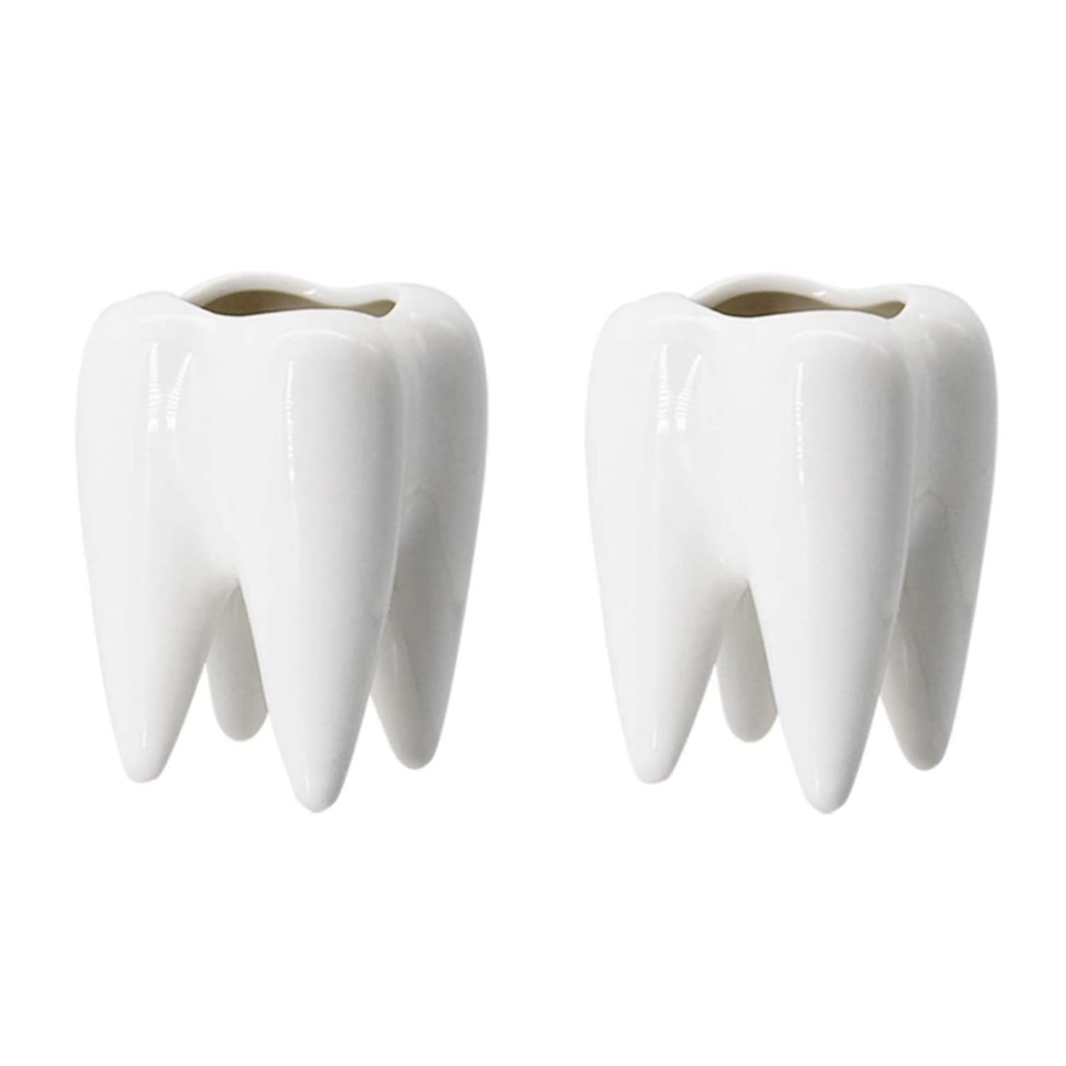 LECMACY Cute Tooth Shaped White Ceramic Planter Pots Flower Plant Containers, Mini Ceramic Succulent Planter Pots, Creative Pen Pencil Holder for Office Home Desk Decor, Plants Not Included(2 Pcs)