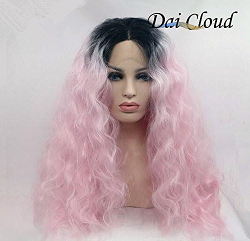 Dai Cloud Long Fluffy Curly Lovely Pink Ombre Lace Front Wig Natural Wave Heat Resist Fiber Full Head Hair Wig for Women