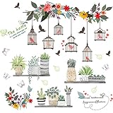 SuzSan Birdcage Flowers Wall Stickers Spring Green Potted Plant Decals Home Decor kit