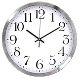 TopOne Silent Wall Clock,Battery Operated 12 inch Accurate Sweep Movement Silver Aluminum Quartz Kitchen/Home/School Patio Decor(White)