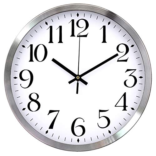 TopOne Silent Wall Clock,Battery Operated 12 inch Accurate Sweep Movement Silver Aluminum Quartz Kitchen/Home/School Patio Decor(White)