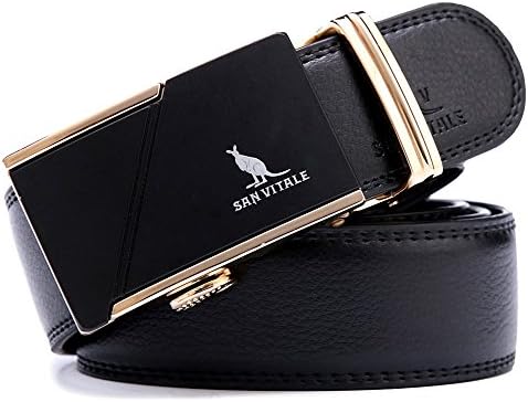 SAN VITALE Men's Solid Buckle with Automatic Ratchet Leather Belt 35mm Wide 1 3/8" (29-39”, Black 1431G)