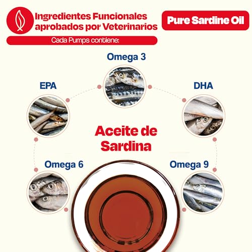 Dogelthy Pure Sardine Oil 450 ml. Aceite de Sardina con Omega 3 para Perro. 300 MG de EPA + DHA por Dosis. Suplemento de Aceite de Pescado para Perro. para Croquetas o Dieta Barf.