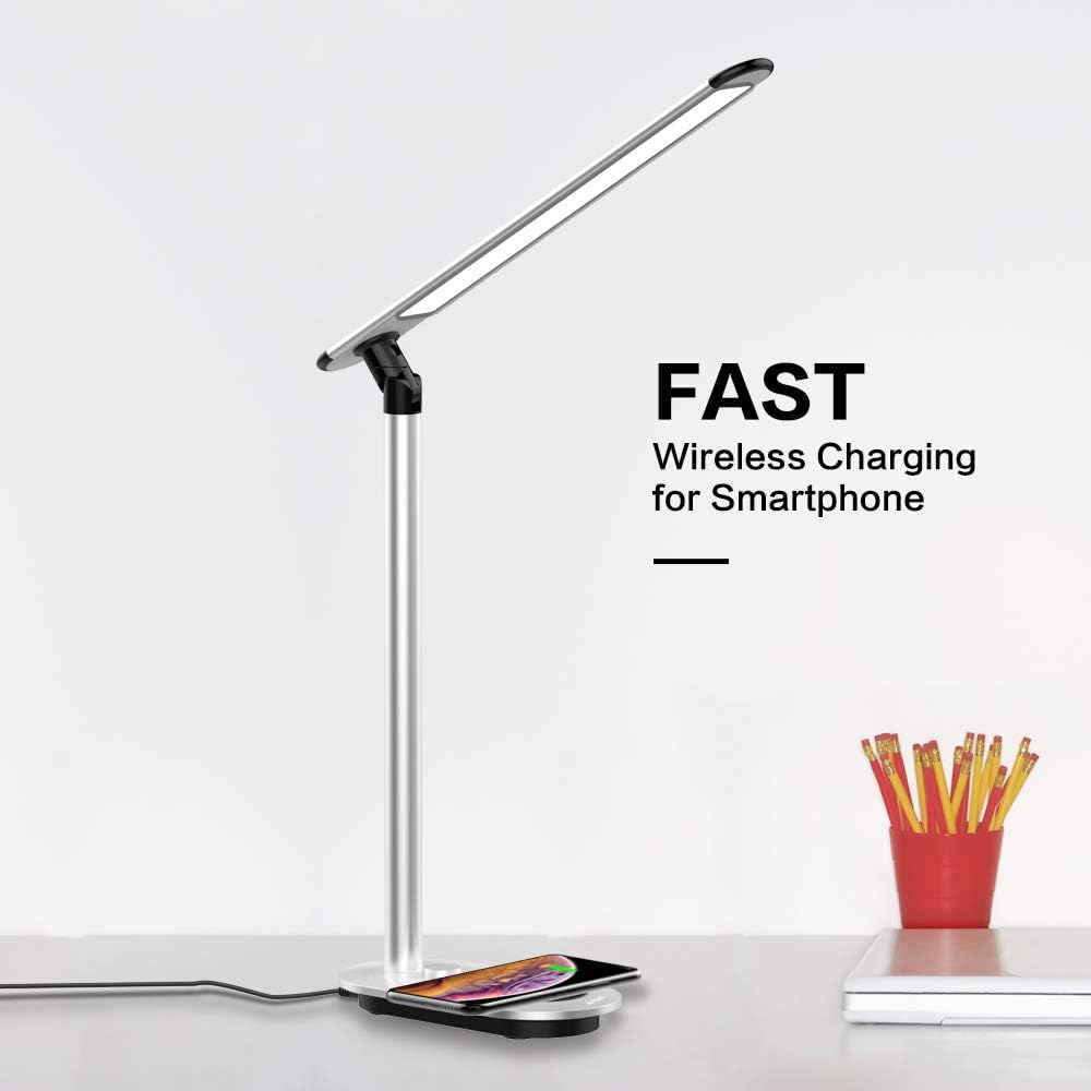 LED Desk Lamp, ASIWO Fast Wireless Charger Eye-caring Learning Table Lamp Dimmable USB Port Charging Office Lamp with 3 Lighting Modes & Several Brightness levels, Ergonomic Design Reduction Eyestrain