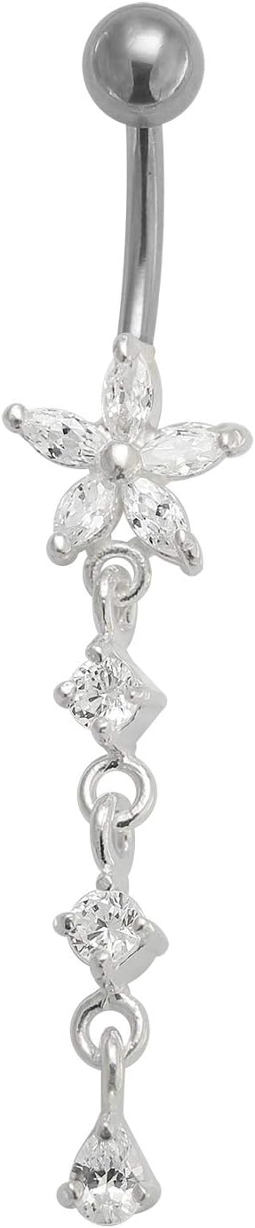 Crystal Stone Flower Design Sterling Silver Belly Bars Piercing
