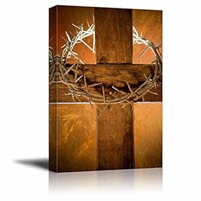 Canvas Prints Wall Art - Crown of Thorns Hanging on a Wooden Cross at Easter | Modern Wall Decor/Home Decoration Stretched Gallery Canvas Wrap Giclee Print. Ready to Hang - 12" x 18"