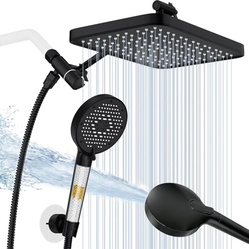 12 Inch Wide Rain Shower Head with Filtered Handheld Combo, High Pressure Rainfall Shower Head, 9 Spray Modes Handheld with 9-Inch Extension Arm, Comes with Filter Removes Chlorine(Black)