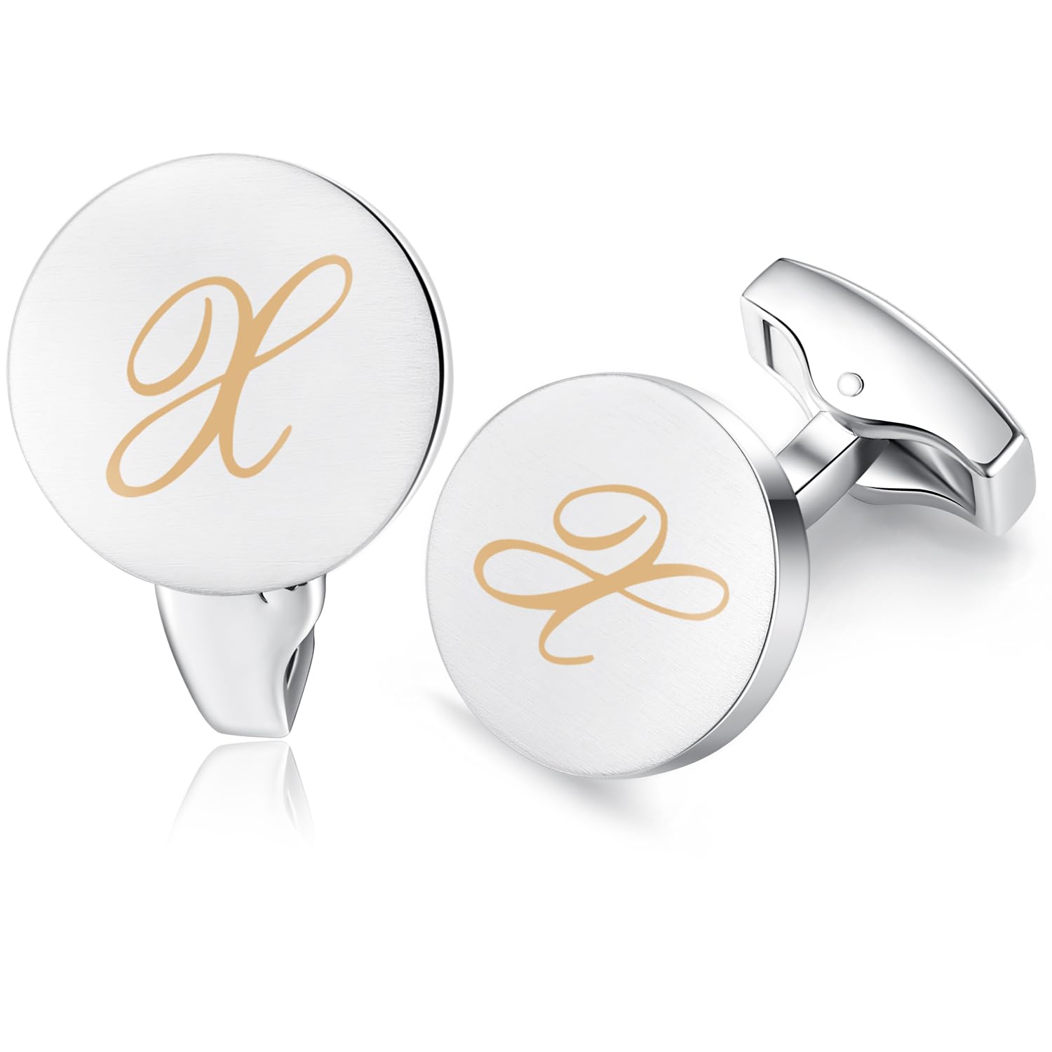 HONEY BEAR Initial Alphabet Letter Cufflinks for Men, Silver Round Shape Wedding Business Gifts A - Z (One pair X)
