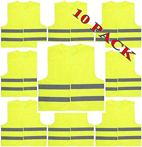 ULTRA Reflective Safety Vest With Reflective Stripes 100% Polyester Universal Fit Unisex Perfect For Running, Jogging, Walking, Construction, Cycling And More WHOLESALE BULK LOT (10 Pack, Yellow)