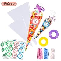 Jatidne 150pcs Clear Cellophane Bags Cone Bags for Treat Candy Popcorn Bags for Party with Ties, Stickers, Ribbons