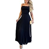 CHCIME Maxi Dress for Women French Style Square Neck Adjustable Straps Backless Pleated Wedding Guest Vacation Dress