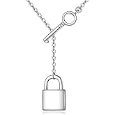JERWLI Lock Key Necklace Sterling Silver Adjustable Lariat Y Lock Pendant Necklace Padlock Key Jewelry Gifts for Women