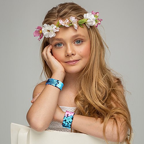 KUUQA 16 Pcs Magic Sequins The Mermaid Bracelets 2-Color Sequin Reversible Glitter Slap Bracelets Charms Wristband for Kids Little Mermaid Birthday Party Favors Bags Supplies (Random Colors)