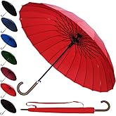 60MPH Windproof 24 Rib Large Strong Umbrella - XL Automatic Heavy Duty Golf Umbrella For Rain and Wind - 3 Layer Frame - Solid Wooden Hook Handle - Best for Most Ribs