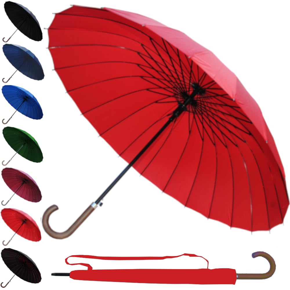 60MPH StormDefender 24 Rib Windproof Strong Umbrella - Large Umbrella for Golf, Sport and Everyday Use - Big Reinforced Frame - Automatic - Wood Hook Handle - Designer Rainproof Men Women - Candy Red
