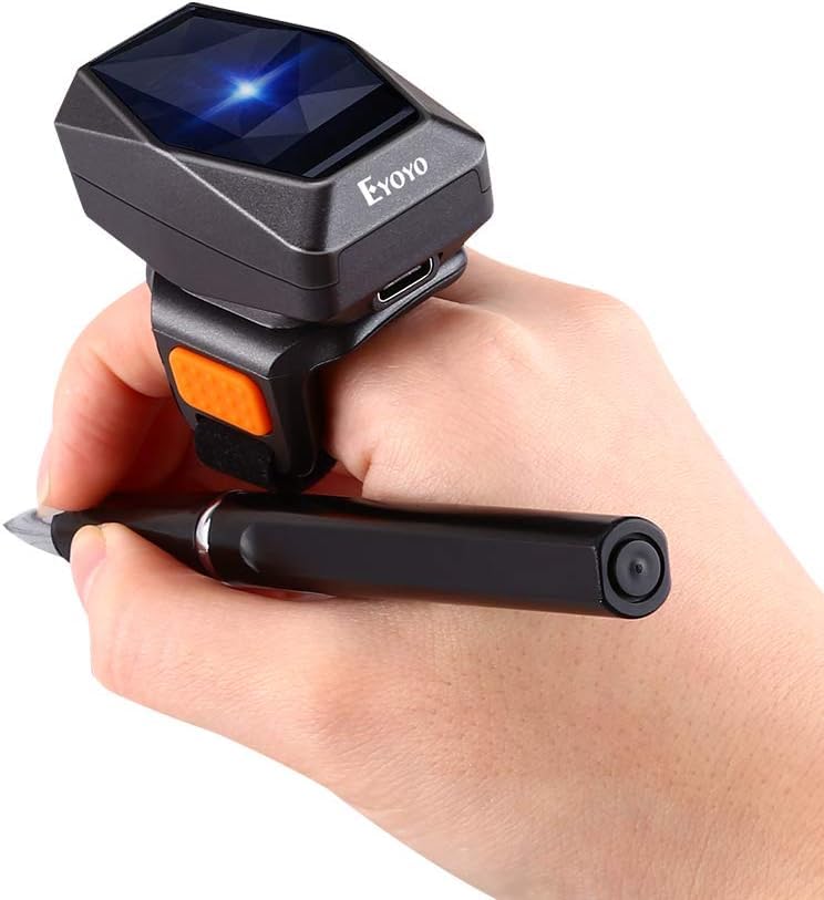 Eyoyo Wearable Finger Ring Barcode Scanner, 3 in 1 Mini USB Wired & 2.4G Wireless & Bluetooth Scanner, Image 1D QR Bar Code Reader PDF417 Data Matrix Screen Scan Compatible with Smartphone PC