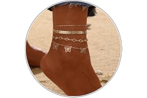 FUTIMELY Layered Gold Ankle Bracelets Set for Women Teen Girls,Boho Dainty Heart Butterfly Bead Rhinestone Adjustable Gold Plated Anklet Set Waterproof Summer Beach Jewelry