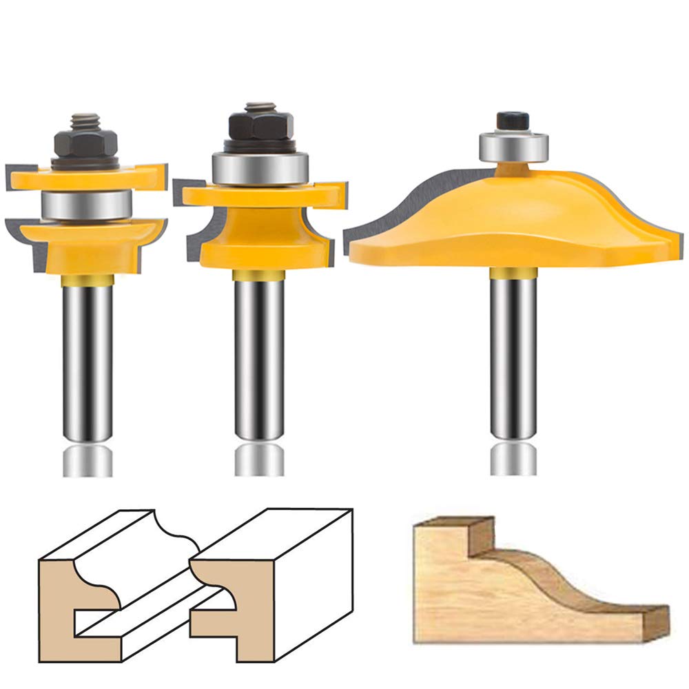 OLETBE 3 PCS Router Bit Set, 1/2-Inch Shank Round Over Raised Panel Cabinet Ogee Door Rail and Stile Router Bits, Woodworking Wood Cutter, Wood Carbide Groove Tongue Milling Tool(Orange)