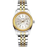 SKMEI Watches for Women Ladies Female Stainless Dress Luxury Business Classic Fashion Analog Quartz Waterproof Simple Day Date Wife Girls Gifts Gold Silver Wrist Watch