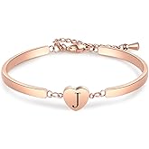 MiiFort Rose Gold Initial A-Z Heart Bracelets Christmas Birthday Jewelry Gift for Women Daughter Adjustable Stainless Steel Bangles with Letter Charms