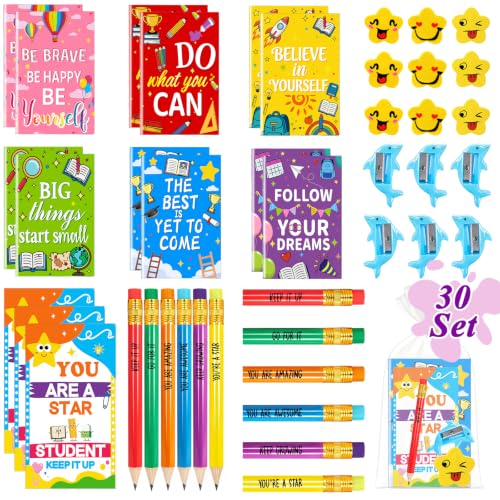 Zenoble 30 Pack End of Term Gifts for Children, Class of 2026 Gifts from Teacher with Notebooks, Rainbow Pens, Star Erasers, Pencil Sharpeners and Cards Primary School Leavers Gift School Rewards