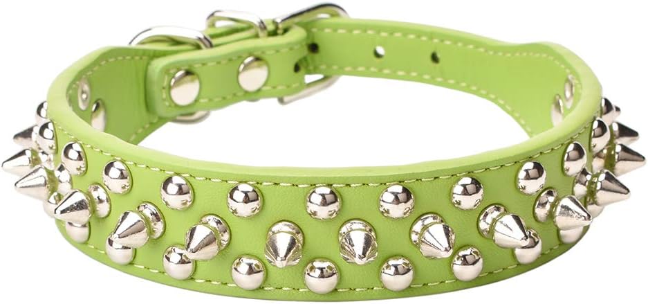 Aolove Mushrooms Spiked Rivet Studded Adjustable Microfiber Leather Pet Collars for Cats Puppy Dogs (14.2"-18.1" NeckBlack, Green)