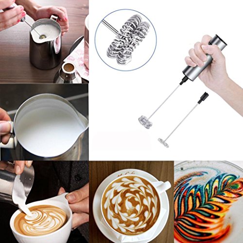 Click Here to See More Images Iuhan Milk Frother Handheld Double Spring Whisk Head Powerful Electric Spring (Silver)
