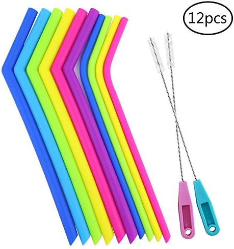 Tomnk Reusable Silicone Drinking Straws, Extra long Flexible Straws with Cleaning Brushes - for 20 30 oz Tumblers RTIC/Yeti - 12Pieces - BPA free