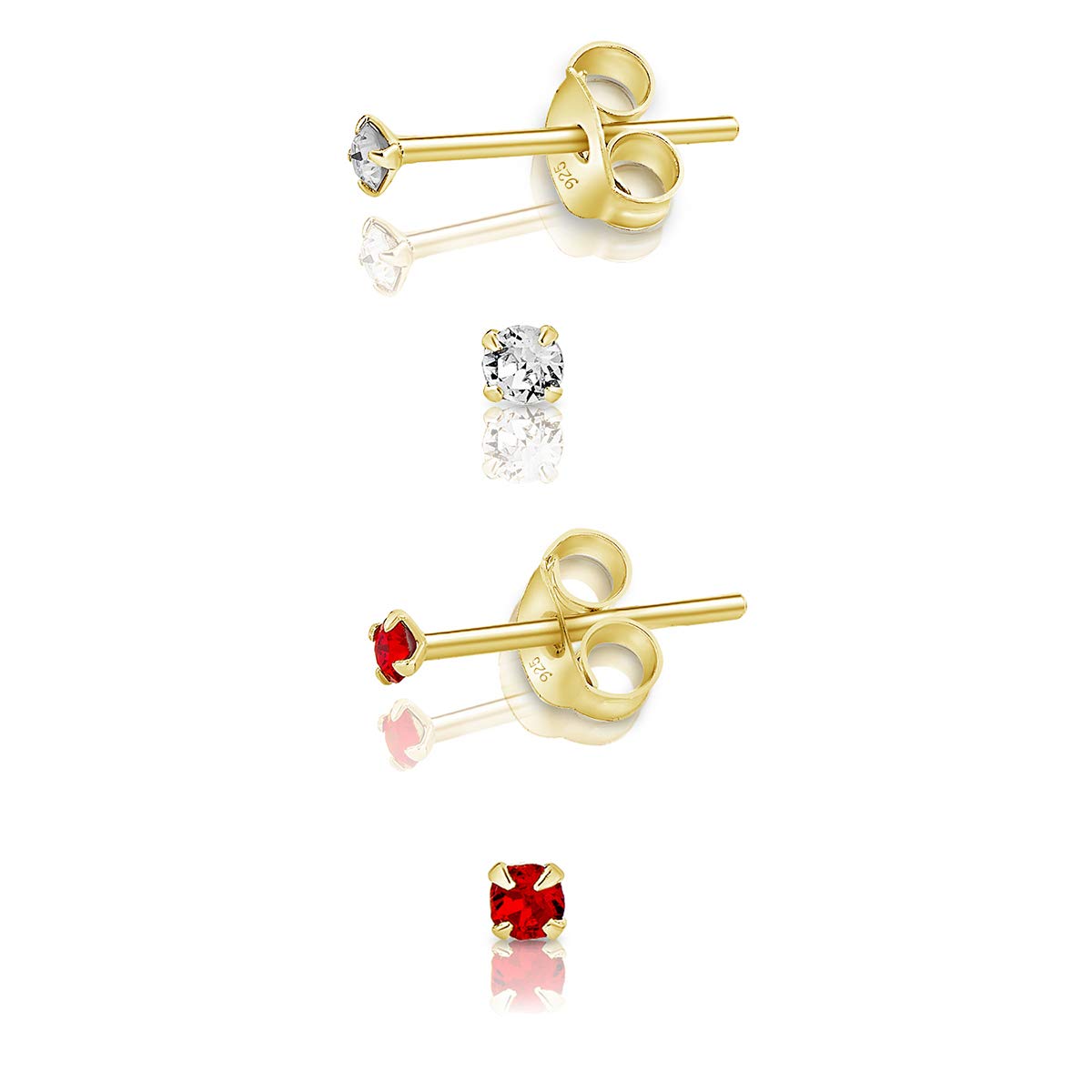 DTPSilver - Set of 2 PAIRS of 925 Sterling Silver Yellow Gold plated Round TINY Stud Earrings made with Glittering Crystals from Swarovski® Elements - Diameter: 2 mm - Colour : Red Light Siam