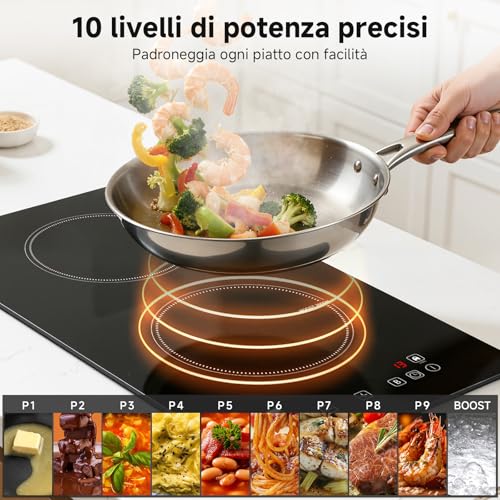 AMZCHEF 2 Burner Induction Plate with Continuous Heating, 10 Power Levels and Boost Function, Safety Lock and Timer, Overheat Protection, Built-in/Portable 3700W