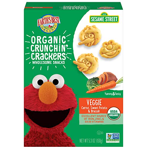 Earth’s Best Organic Sesame Street Toddler Snacks, Crunchin’ Crackers, Veggie, 5.3 Oz Box (Pack of 6)