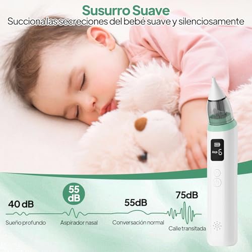 Aspirador Nasal para Bebés, Saca Mocos para bebe con 6 Niveles de Succión Ajustables, 6 Cabezales de Silicona, Extractor de Mocos para Bebe con Música y Carga USB, Incluye Kit de Cortaúñas para Bebé