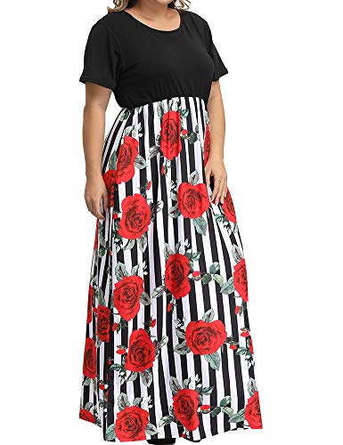 image for Allegrace Women's Plus Size Floral Print Striped Patchwork Maxi Dress 