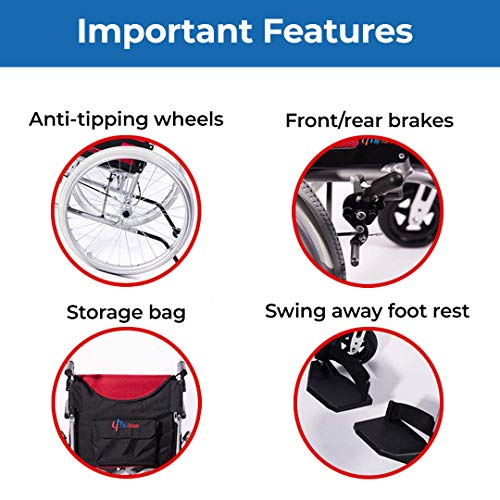 Hi-Fortune Wheelchair 21lbs Lightweight Self-propelled Chair with Travel Bag and Cushion, Portable and Folding with Magnesium Alloy, 17.5" Seat, Red, 21lbs