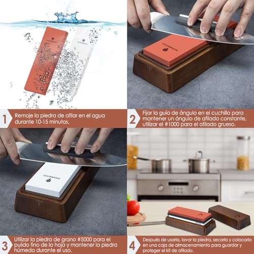 SANMEIHO Sharpening Stone with Storage Box, Sharpening Stone Knives Grit 1000/5000, Sharpening Kit with Non-Slip Base, Angle Guide and Leveling Stone for Knives and Tools
