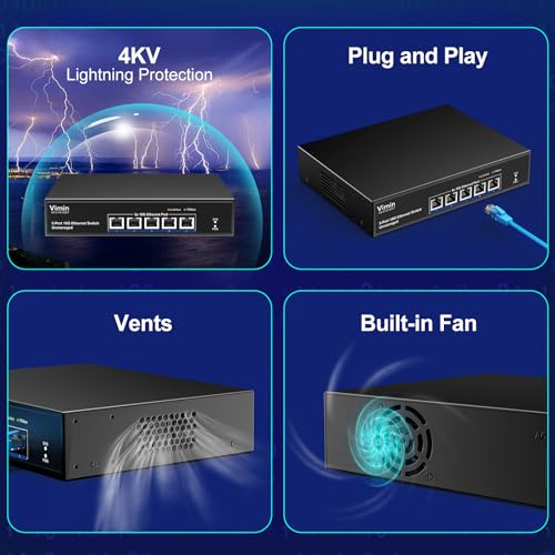 VIMIN 10G 5 Port Unmanaged Ethernet Switch, 10Gbe Network Switch Supports 100M/1000M/2.5G/5G/10G Automatic Speed Negotiation, for 100Gbps Capacity