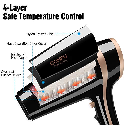 Professional Ionic Salon Hair Dryer, CONFU 1875 Watt Negative Ion Fast Drying Lightweight Quiet Blow Dryer, Low Noise Ceramic Tourmaline Hairdryer with Diffuser and Concentrator Nozzles - Thumbnail 3