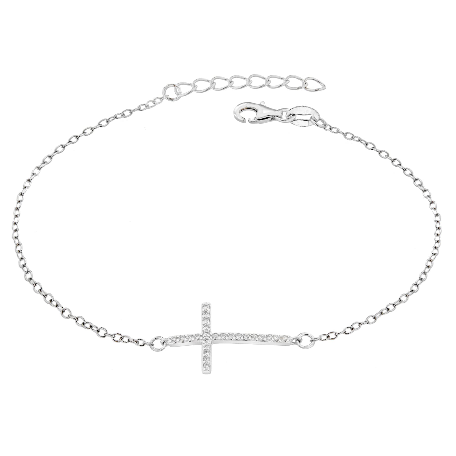 Tuscany Silver Women's Sterling Silver Rhodium Plated Cubic Zirconia Cross Bracelet of 19cm/7.5"
