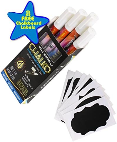 White Chalk/Liquid Markers-4 Pack Plus 8 Chalkboard Labels-Water-Based Pens with Reversible Tips Use On Mirrors, Glass, Metal, or Car Windows - Washable Ink Pens for Kids, Artists, Business Office Use