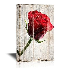 Roses Canvas Wall Art - Red Rose Flower on Vintage Wood Textured Background - Gallery Wrap Modern Home Art | Ready to Hang - 12x18 inches
