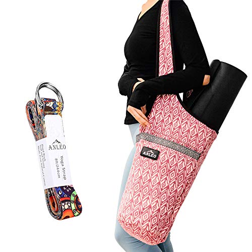 Anleo Yoga Mat Bag + Yoga Strap Set, Heavy Duty Cotton Shoulder/Cross-Body Yoga Mat Carry Bag with Large Size Outside Pocket and Inside Zipper Pocket, Fit Most Size Mats