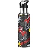 Water Bottle with Straw Lid Cool Truck Kids Insulated Stainless Steel Water Flask Sports, 20 Oz Hot Cold