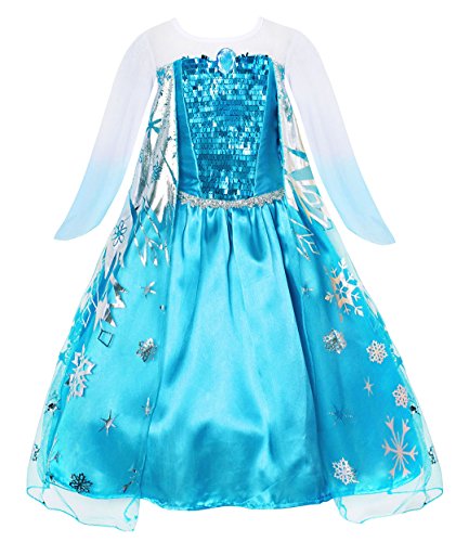 Cotrio Girls' Elsa Dress Up Costume Halloween Cosplay Them Party Princess Dresses Outfits with Accessories 2-12Years (6, 5-6Years, Wig, Gloves, Tiara/Crown, Wand/Scepter)