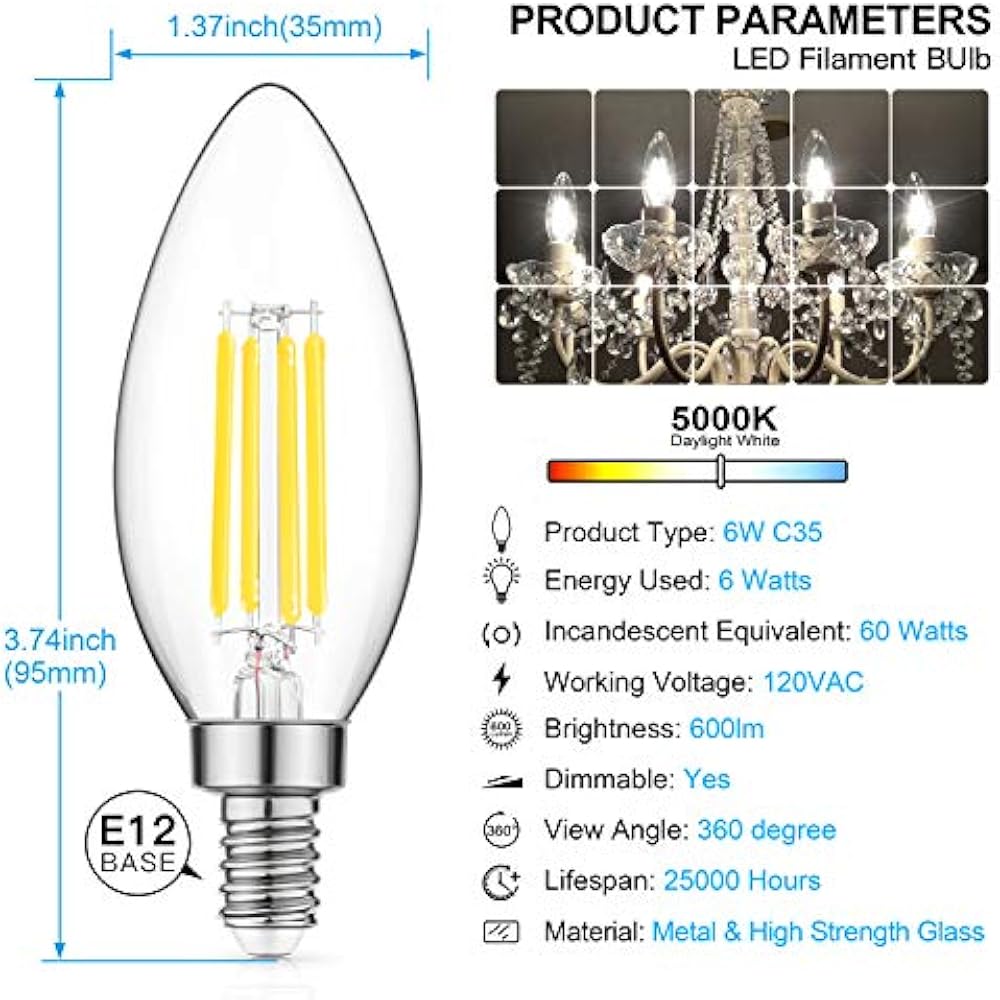 Dimmable LED Candelabra Bulb 60W Equivalent 5000K Daylight White 6W