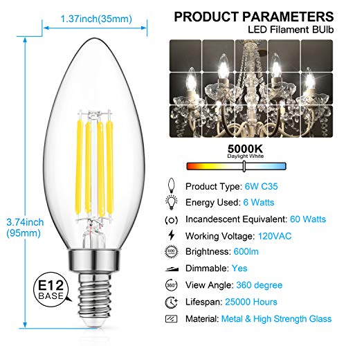 Dimmable LED Candelabra Bulb 60W Equivalent, 5000K Daylight White, 6W