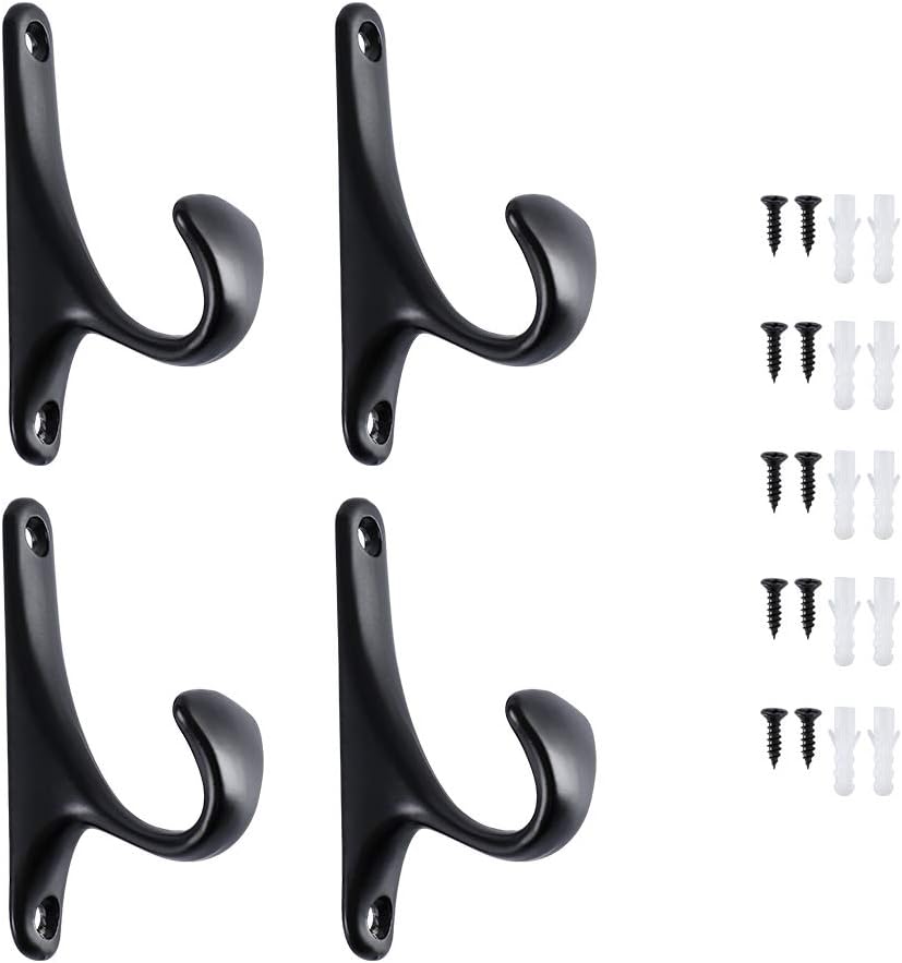4 Pack Vintage Bath Towel Hooks Black, Tin Alloy Clothes Hooks for Hanging Coat and Robe, Industrial Heavy Duty Wall Mounted Hook with All Mounting Hardware for Farmhouse Retro DIY Projects - - 