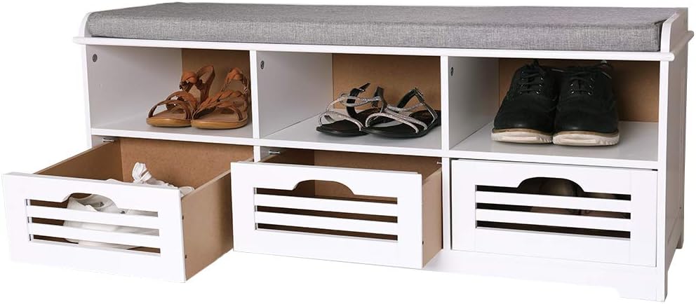 Orolay Rangement Pour Banc De Chaussures Economiseur D Espace Pour Les Chaussures Avec Coussin De Siege 3 Tiroirs 3 Cubes Amazon Fr Cuisine Maison