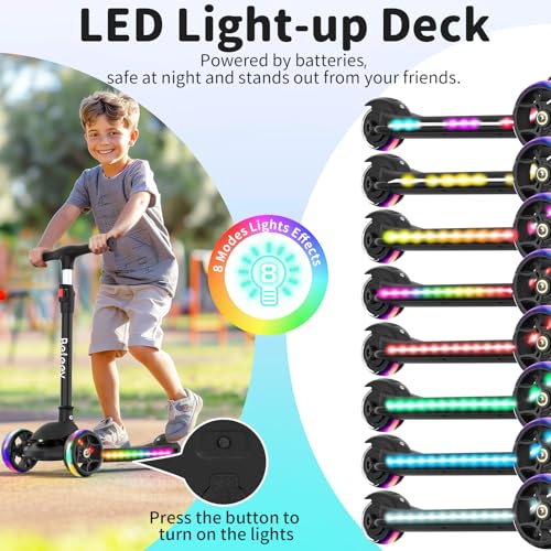 BELEEV A9 Kids Scooter with LED Light-Up Wheels & Deck, 3 Wheel Foldable Kick Scooter for Toddlers Boys Girls Ages 3-12, Adjustable Handlebar, Lean-to-Steer, Extra-Wide Wheels