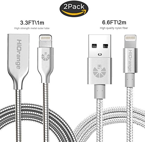 Charging Cable,HiOrange [2-pack] 3.3FT Metal Cord iPhone Charger Lightning Cable and 6.6 FT Nylon Braided Cord for iPhone 7,7 Plus,6S, 6S Plus, 6,6 Plus,SE,5S,5C, 5, iPad, Nano 7-Silver